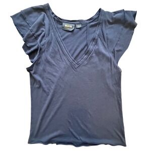 Maeve Anthropologie Navy Blue Flutter Ruffle Sleeve V-Neck Cotton Modal Top Sz S